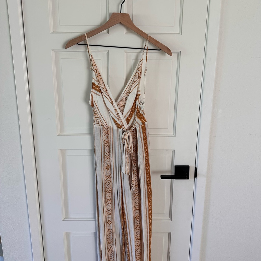 Patterned Wrap Jumpsuit in Ivory and Tan